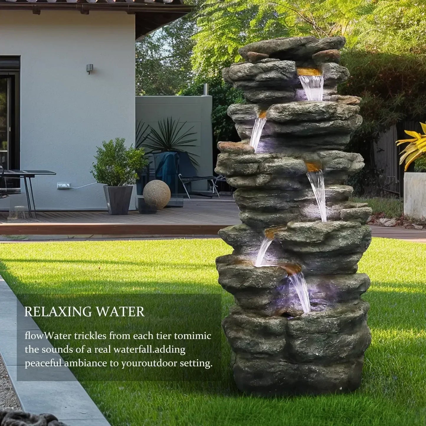 40 Inch 6 Tier Cascading Rock Outdoor Water Fountain Led