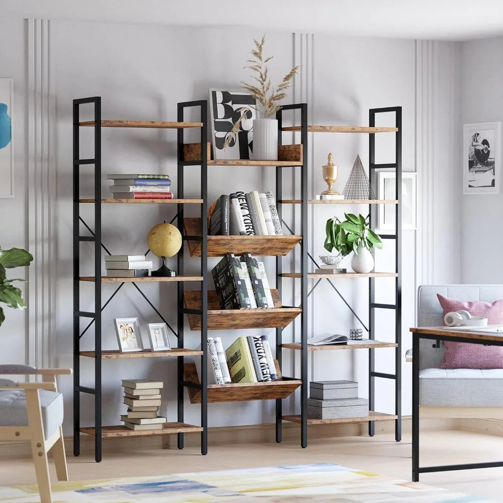 Triple-Wide Industrial Style 5-Shelf Bookcase for Large Display and Storage