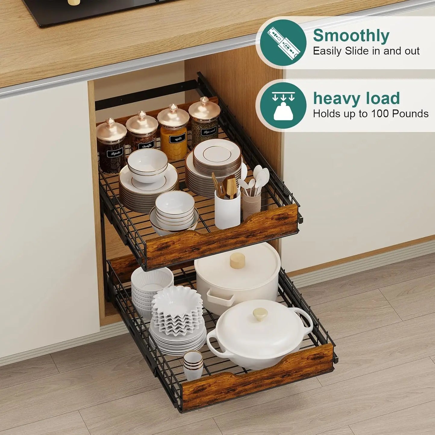 2 Tier Pull Out Cabinet Organizer 16W X 21D Adjustable Drawers