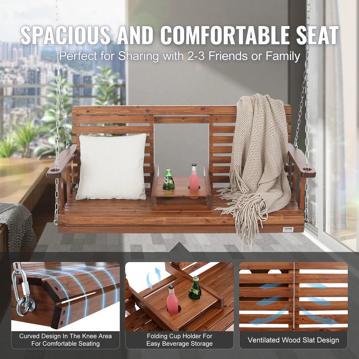 SucceBuy Cedar Wood Porch Swing 5 Ft Patio Bench 880 Lbs