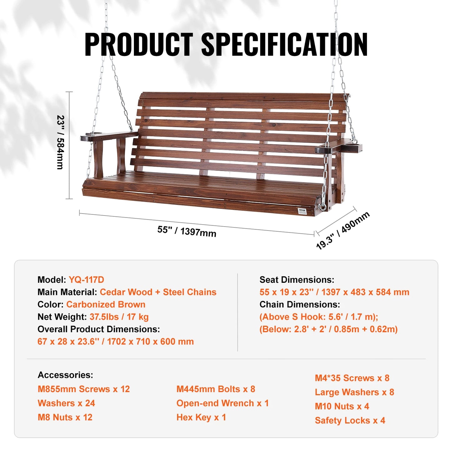 SucceBuy Cedar Wood Porch Swing 5 Ft Patio Bench 880 Lbs