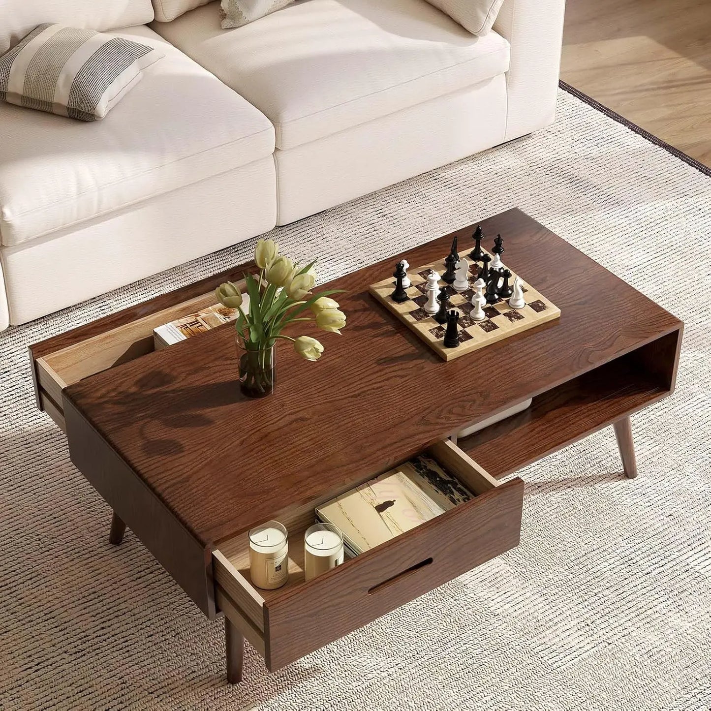 100% Solid Wood Coffee Table with Storage Space 39.37 Inch Wide Coffee Table with 2 Drawers