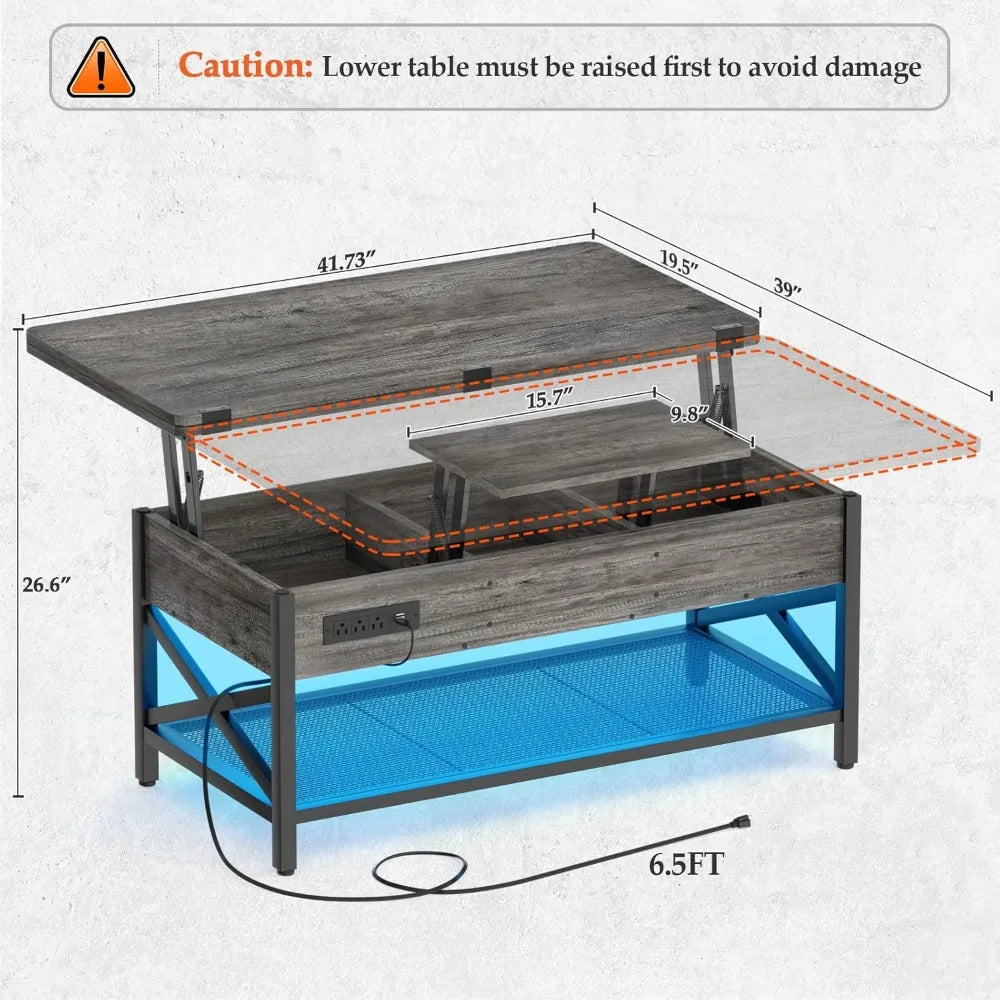 Coffee Table Lift Top Multi-Function Coffee Table Converts to Dining Table with LED Light and Power Outlet