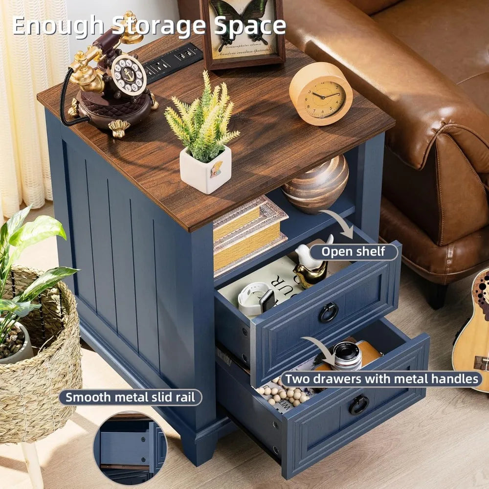 Farmhouse Night Stand with Charging Station, 2 Drawers Nightstand
