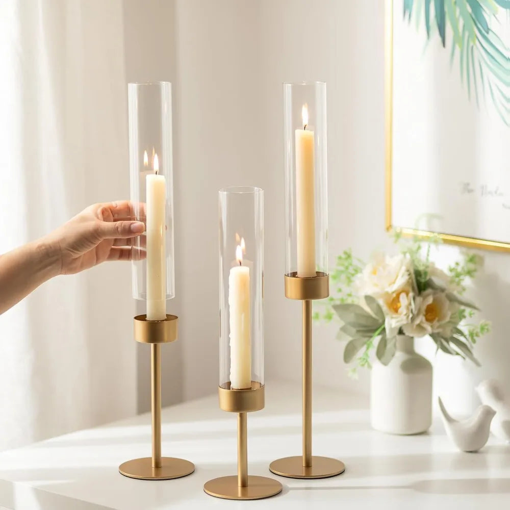 Glass Hurricane Candlestick Holders Gold 18 PCS Taper Candle Holder Bulk Decor
