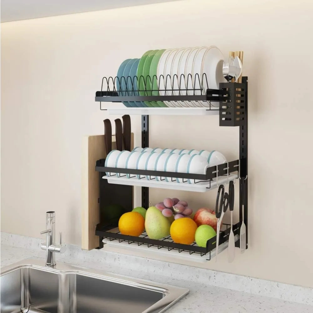 3 Tier Black Stainless Steel Dish Drying Rack with Drainboard