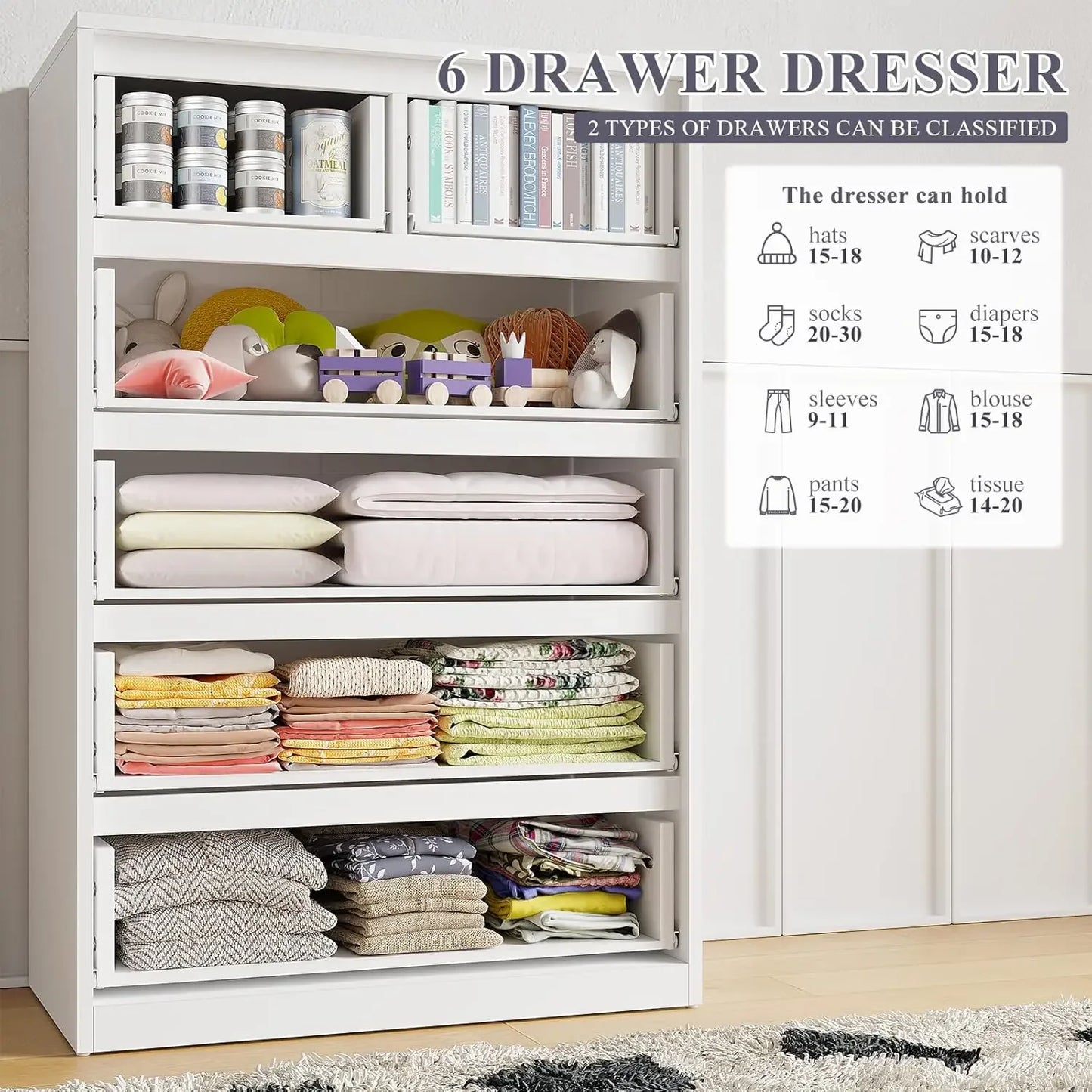 Dresser for Bedroom, White Dresser with 6 Large Drawers