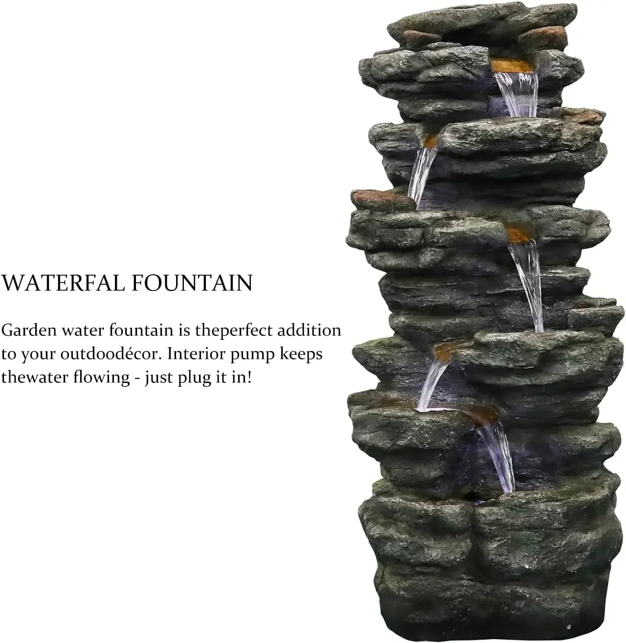 40 Inch 6 Tier Cascading Rock Outdoor Water Fountain Led