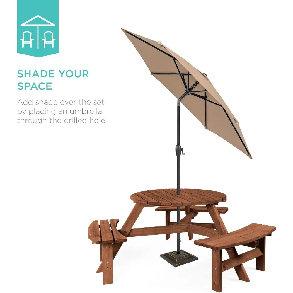 6-Person Circular Outdoor Wooden Picnic Table for Patio
