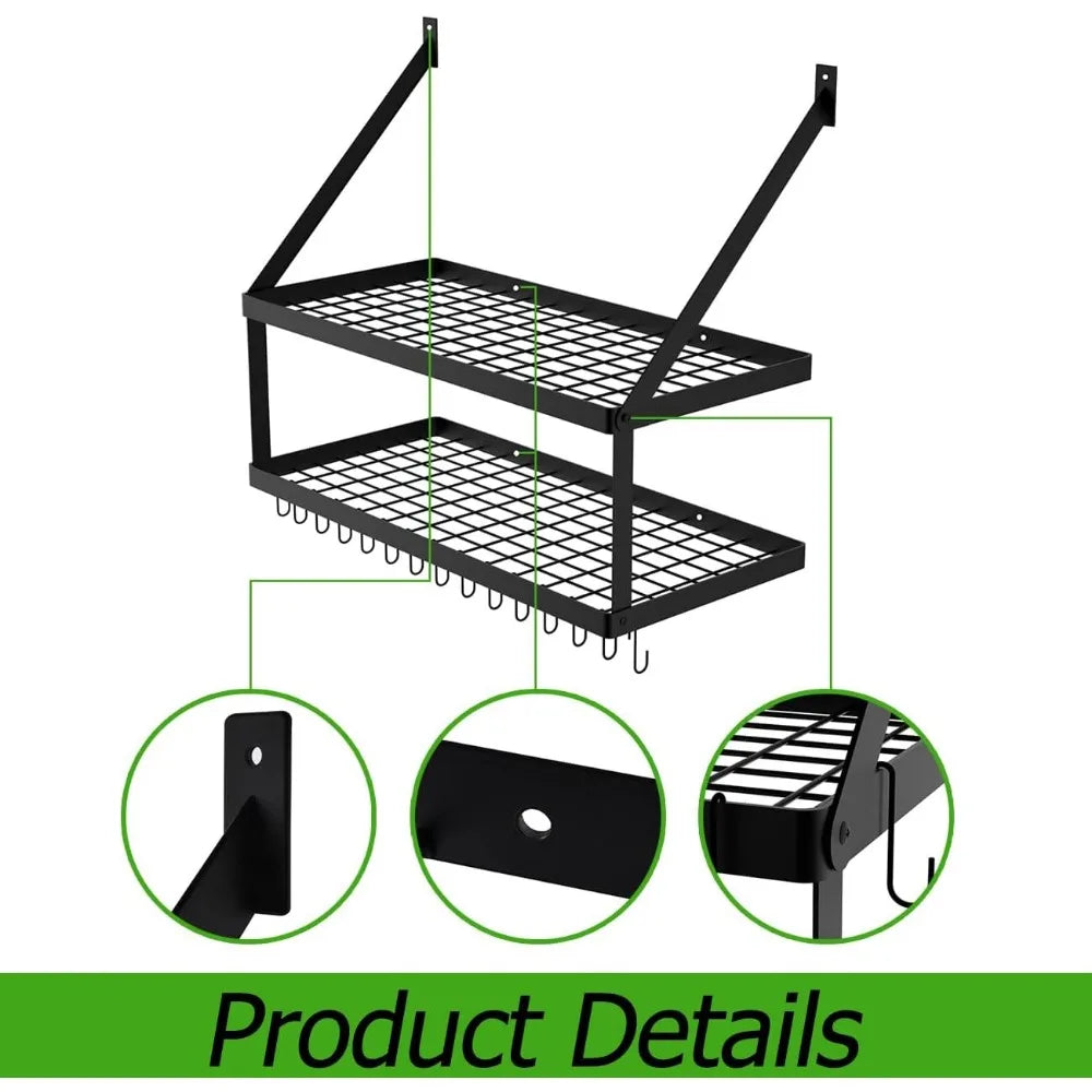 Square Grid Wall Mount Pot Rack with 2-Tier 15 Hooks