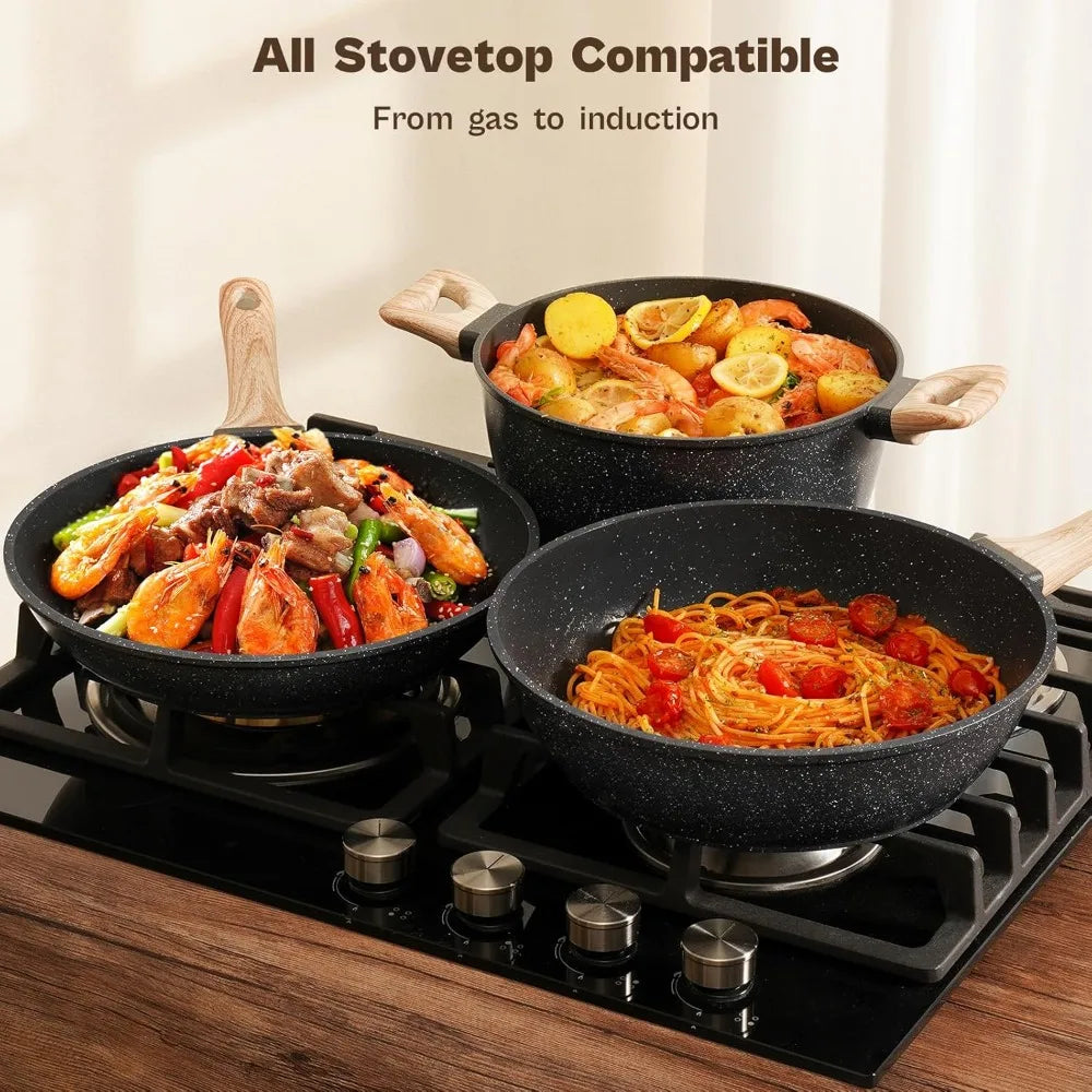 Black Granite Nonstick Pots and Pans Set Induction Nontoxic