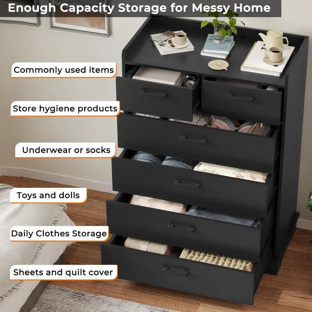 6 Drawer Dresser, Wooden Storage Chest of 6 Drawers, Tall Organizer