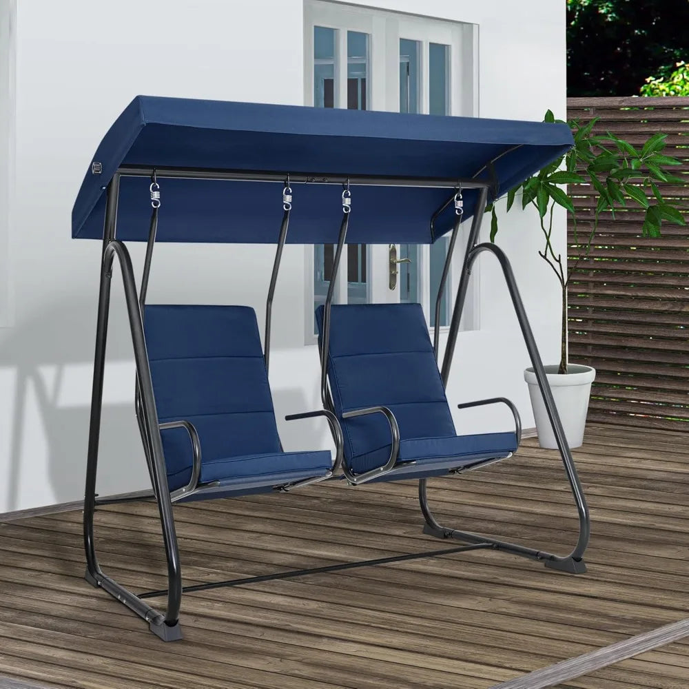 Two Person Porch Swing Chair High Back Dark Blue Garden