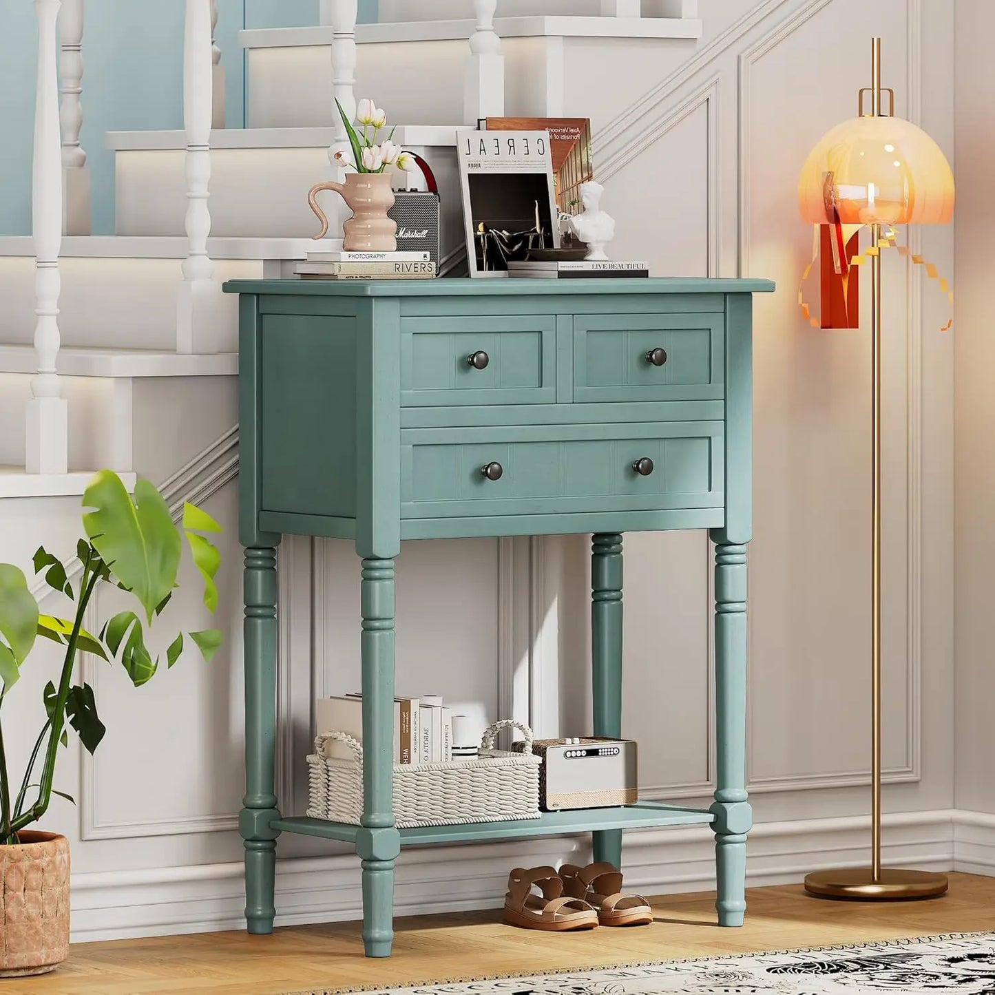 Slim Antique Entry Console Table with Drawers and Shelf