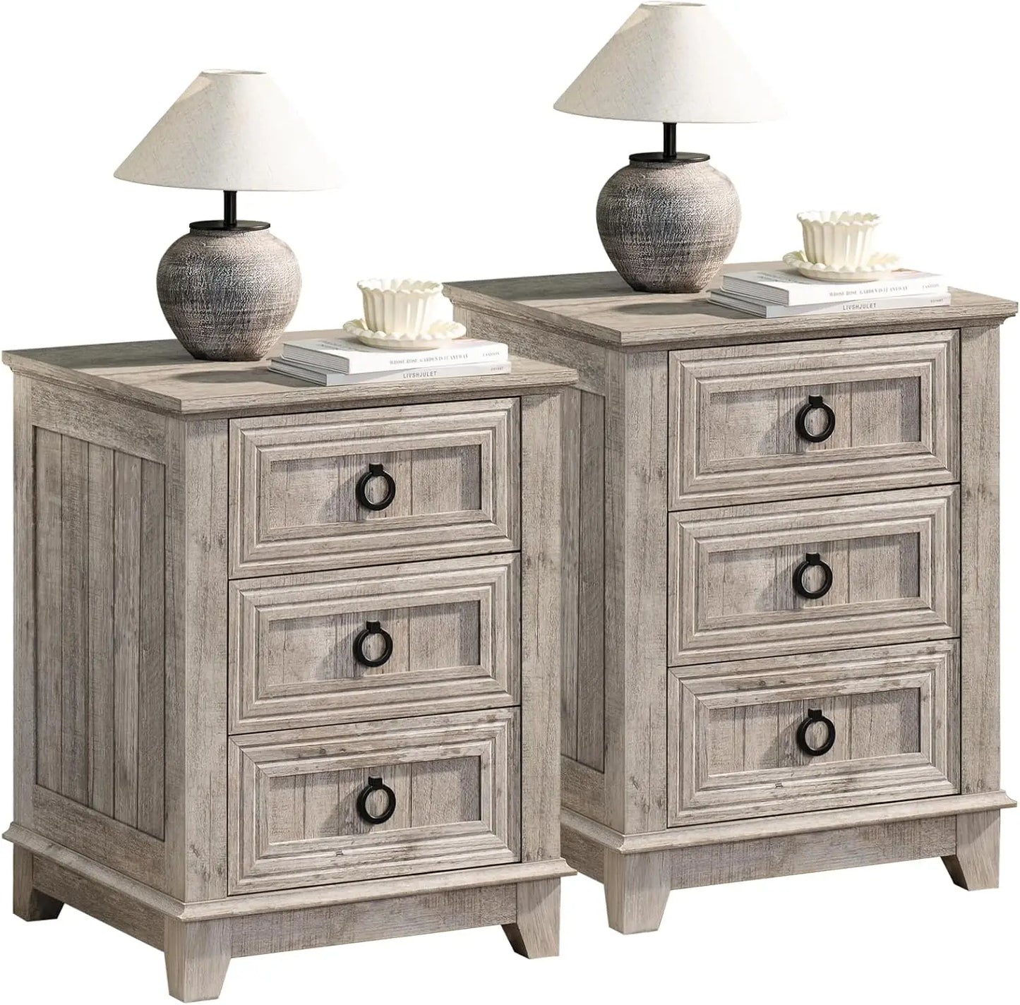 Farmhouse Night Stand with Charging Station, 2 Drawers Nightstand