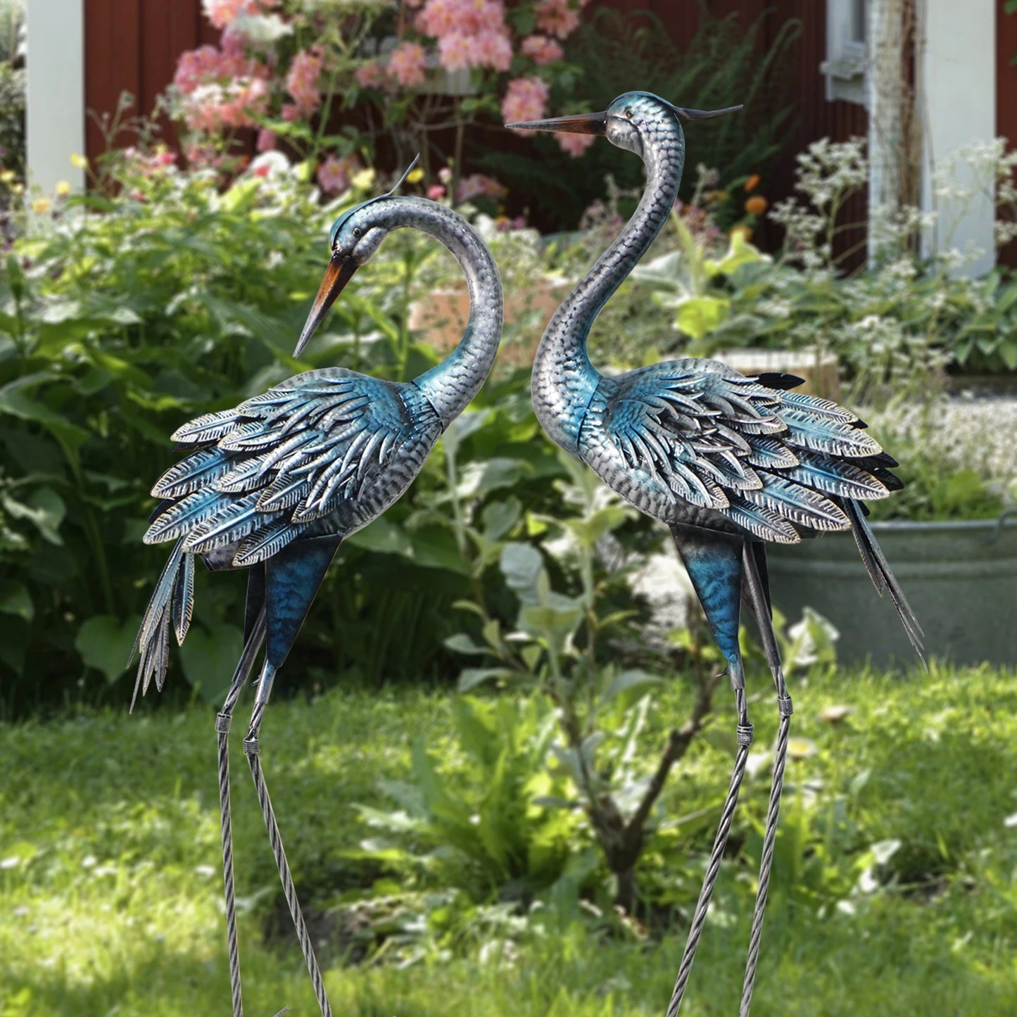 Blue Heron Rustic Metal Garden Crane Statues for Outdoor Decor