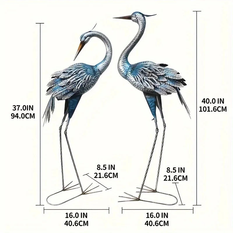 Blue Heron Rustic Metal Garden Crane Statues for Outdoor Decor