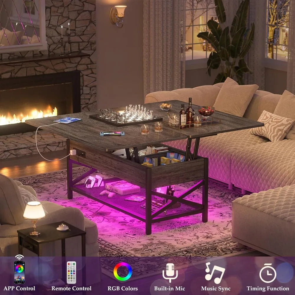 Coffee Table Lift Top Multi-Function Coffee Table Converts to Dining Table with LED Light and Power Outlet
