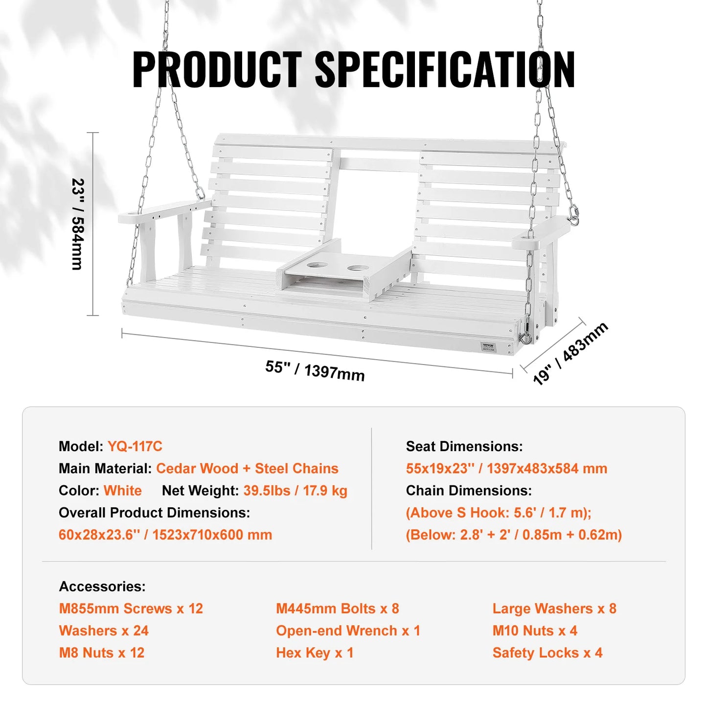 SucceBuy Cedar Wood Porch Swing 5 Ft Patio Bench 880 Lbs