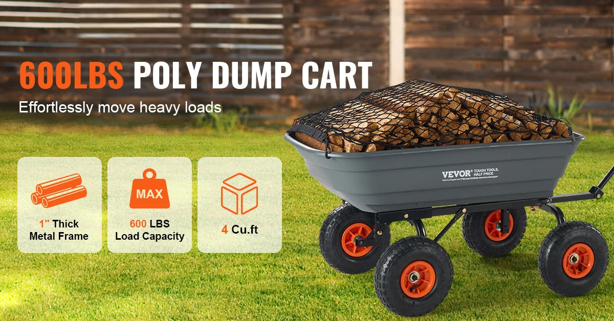 SucceBuy Poly Garden Dump Cart Steel Frame 2 In 1 Handle