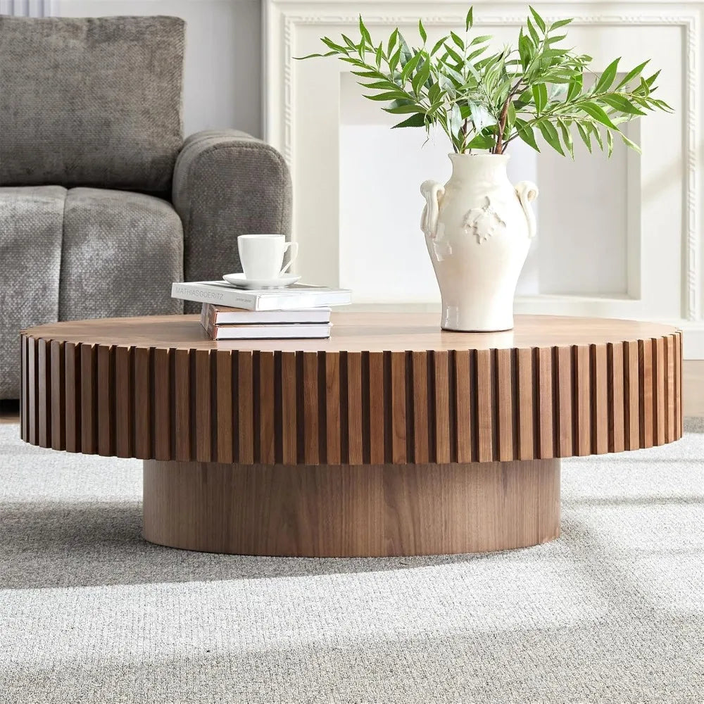 Oval Drum Coffee Table Handcrafted Wooden Olive-Shaped Walnut
