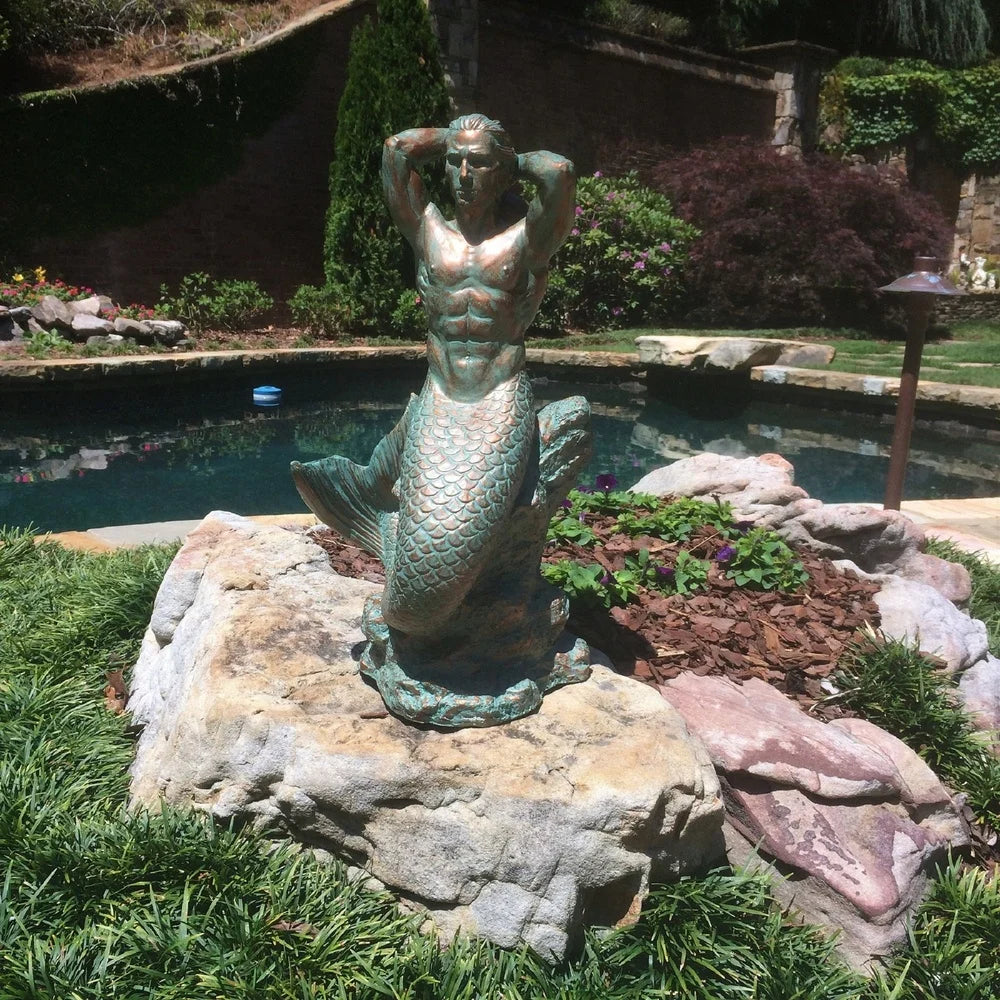 Bronze Patina Merman Mermaid Garden Statue for Outdoor Use