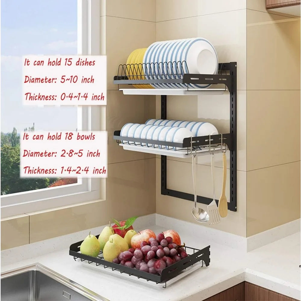 3 Tier Black Stainless Steel Dish Drying Rack with Drainboard