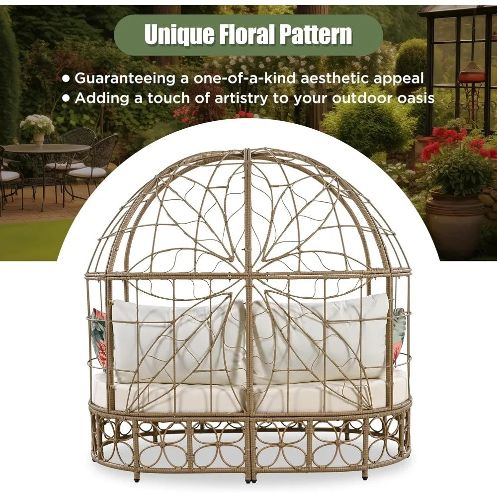 Wicker Patio Daybed with Curtain and Colorful Pillows