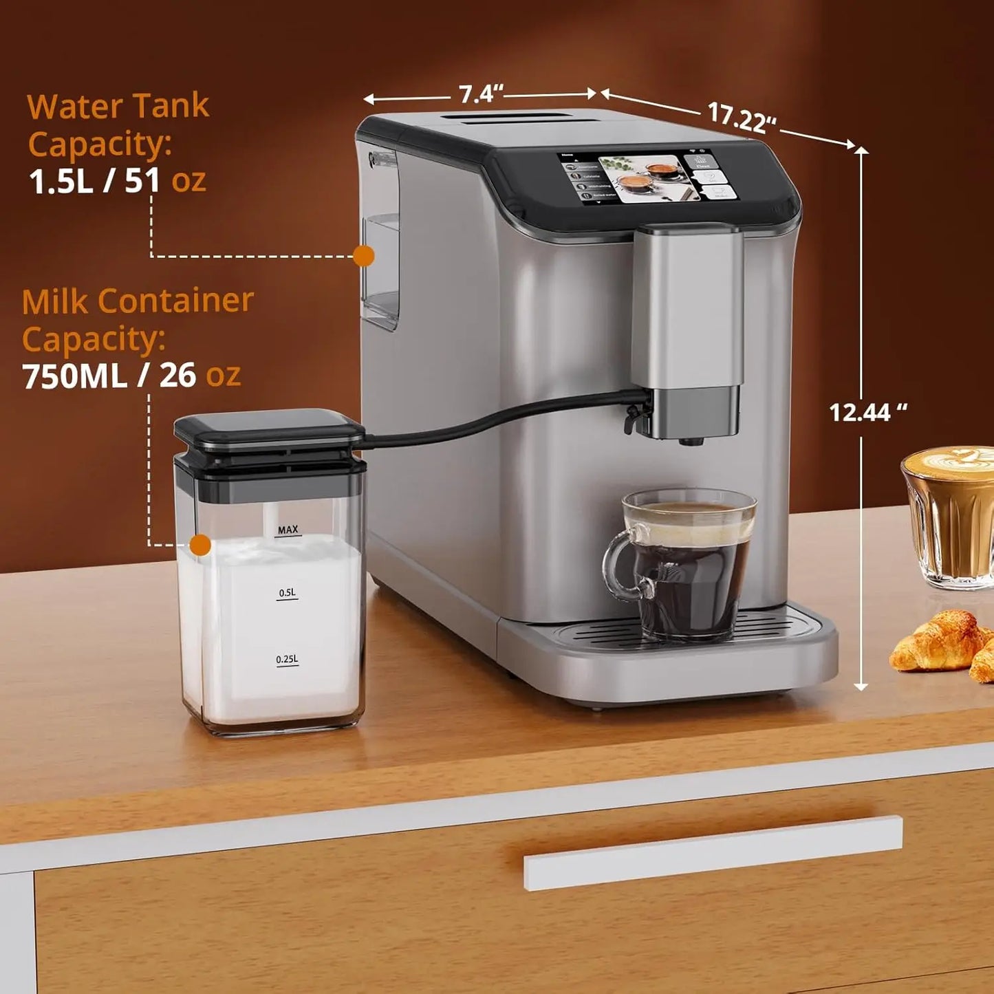 TFT Touch Screen Espresso Machine With Grinder Milk Frother