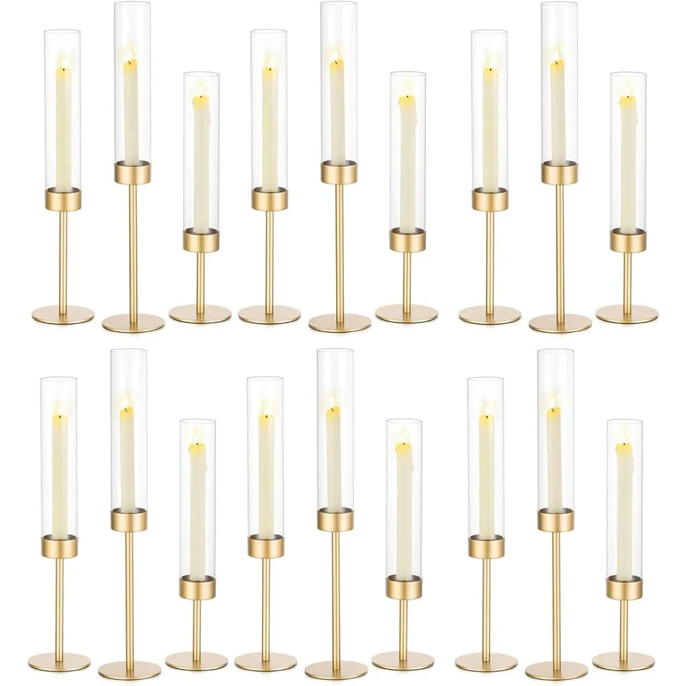 Glass Hurricane Candlestick Holders Gold 18 PCS Taper Candle Holder Bulk Decor