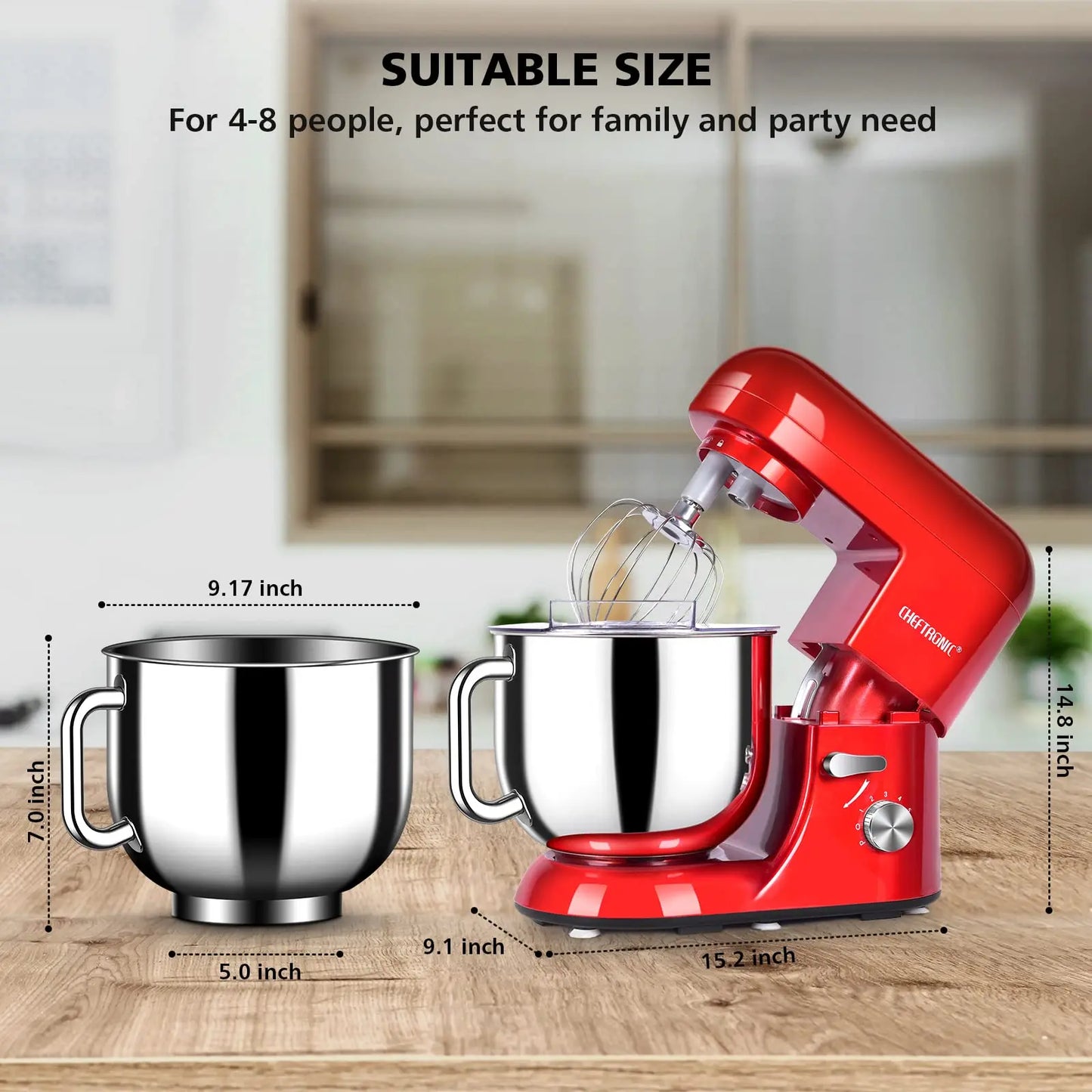 Cheftronic 6 Speed Stand Mixer with 7 Quart Stainless Steel Mixing Bowl,Dough hook, Egg whisk, Kitchen mixer with US Plug