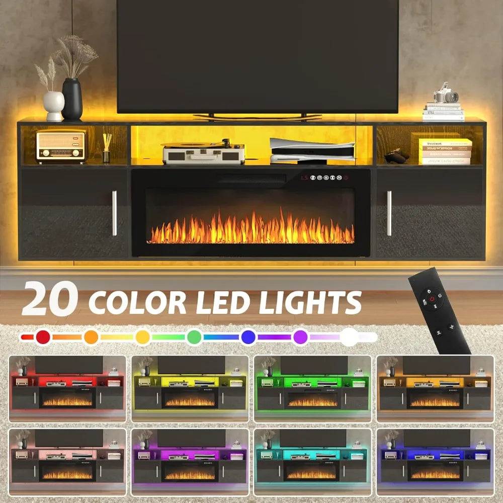 Floating Fireplace TV Stand with LED Lights Modern 70 Inch