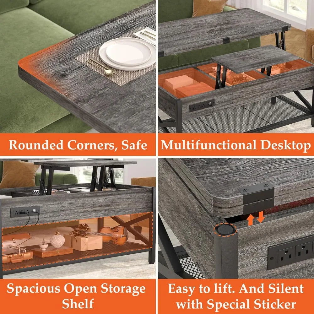 Coffee Table Lift Top Multi-Function Coffee Table Converts to Dining Table with LED Light and Power Outlet
