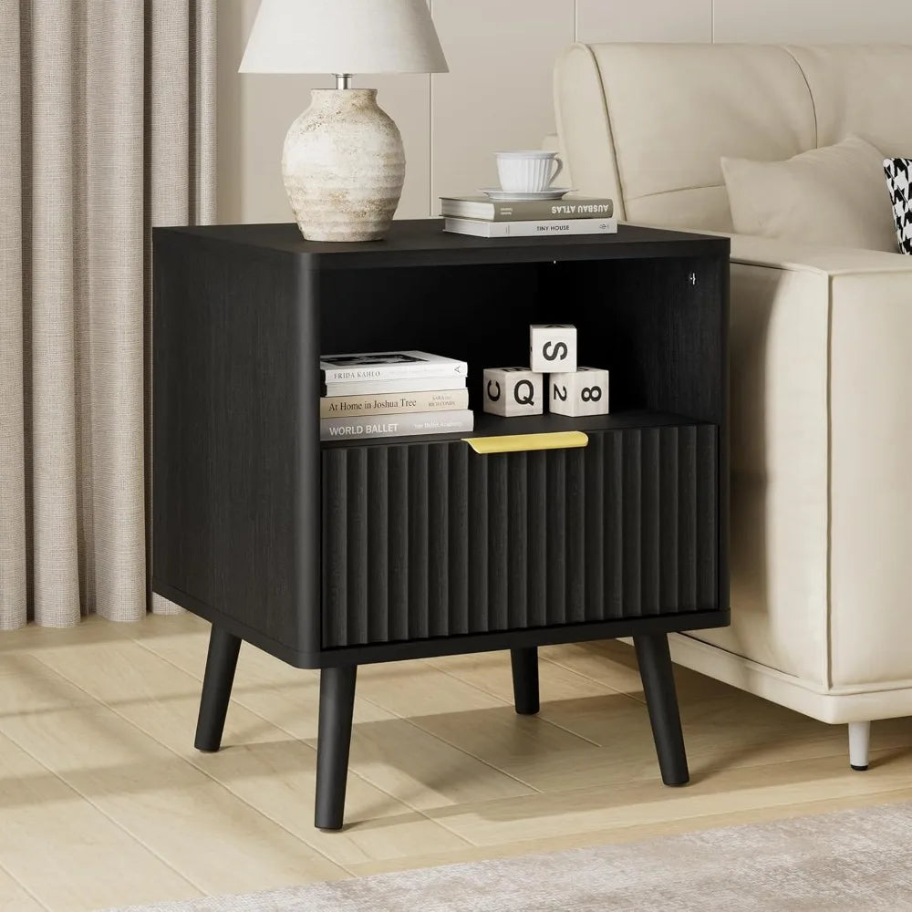 Modern Fluted Nightstand With Drawer And Open Shelves