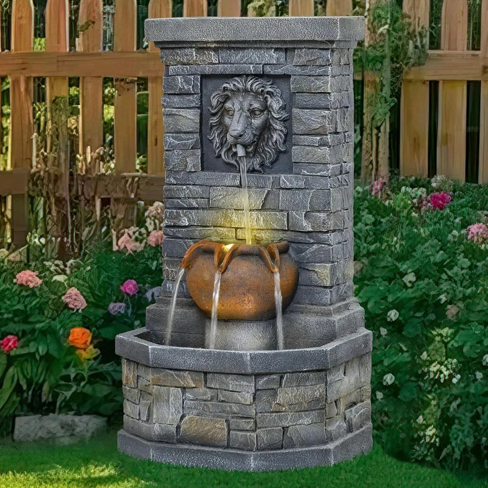 Outdoor Lion Head Stone Water Fountain With Lights Patio