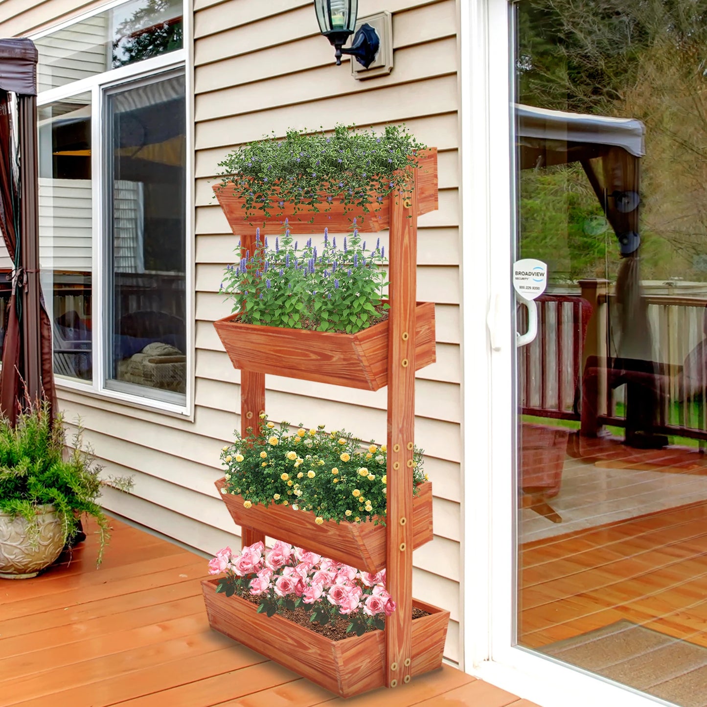 4-Tier Raised Garden Bed Vertical Flower Pots Rack with Detachable Ladder and Adjustable Shelf