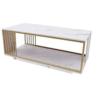 Modern White Marble Veneer Coffee Table With Gold Frame