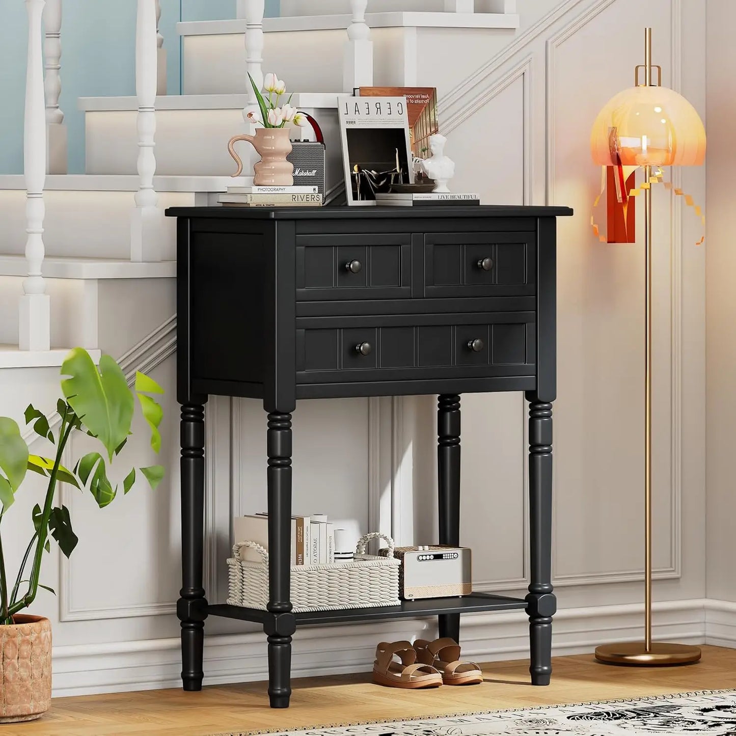 Slim Antique Entry Console Table with Drawers and Shelf