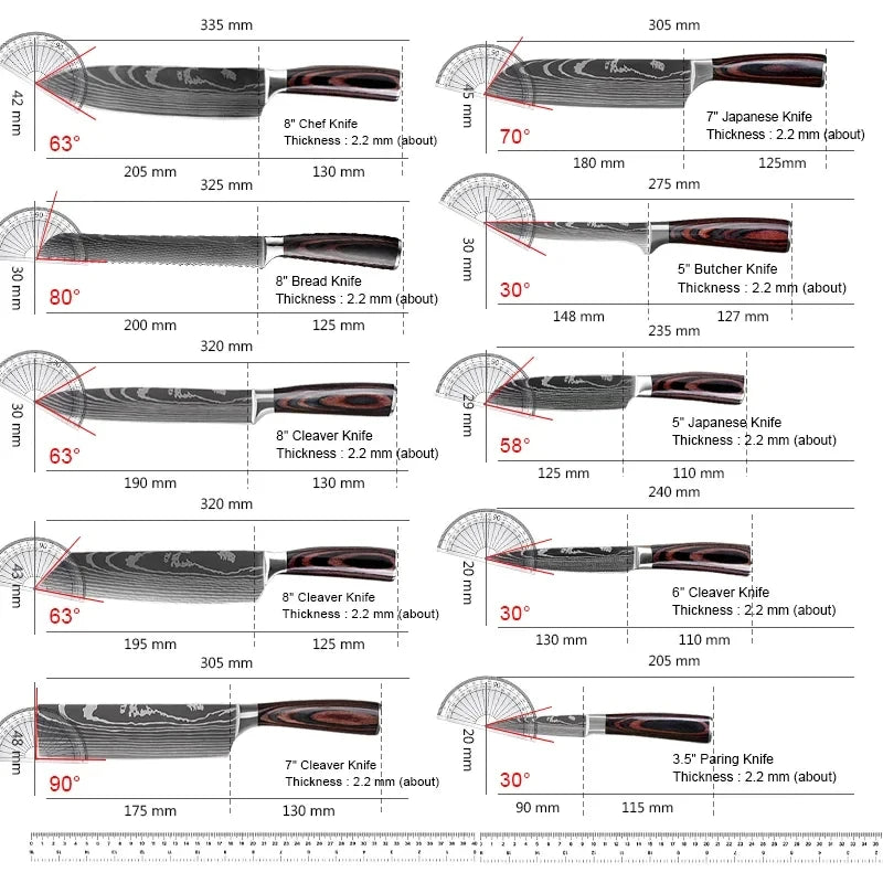 8 10pcs Gift Japanese Kitchen Knives Set Laser Damascus Pattern Chef Knife High Carbon Stainless Steel Sharp Fruit Slicing Knife