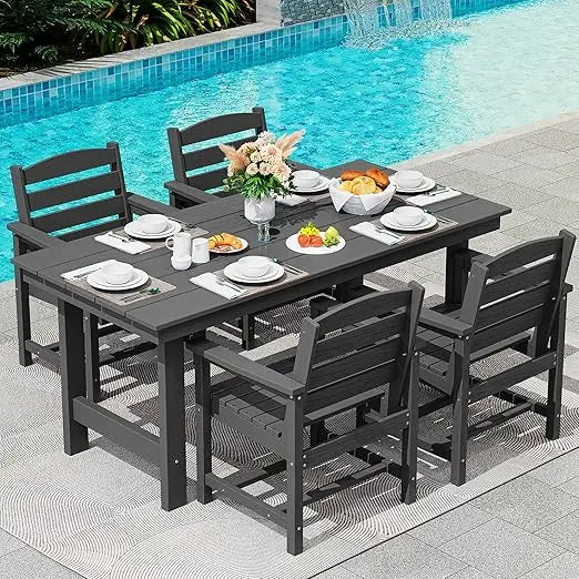Patio Table Set, Outdoor HDPE Dining Furniture with Umbrella Hole, 5-Piece Dining Chair Set