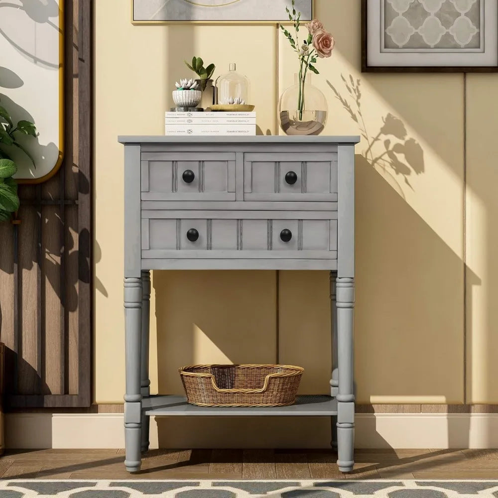 Slim Antique Entry Console Table with Drawers and Shelf
