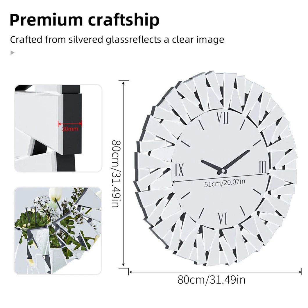 Large 3D Mirrored Wall Clock Sunburst 32 Inch Roman Numeral
