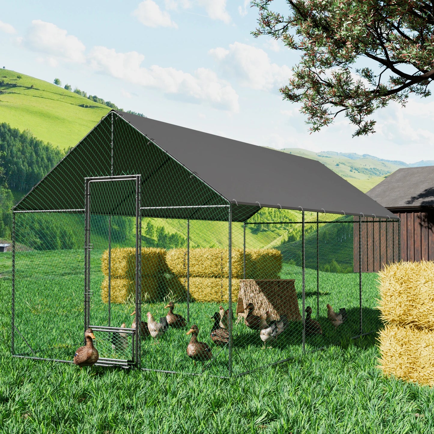 L XL XXL Upgraded Heavy Duty Metal Chicken Coop w/ Cover and Nylon Netting Pet Animal Poultry Run Hen House for Outdoor Backyard