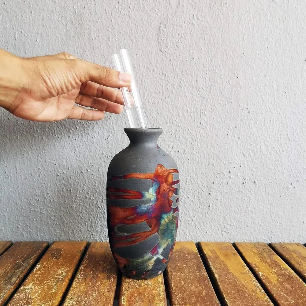 7 Inch Raku Ceramic Pottery Vase Carbon Half Copper Matte
