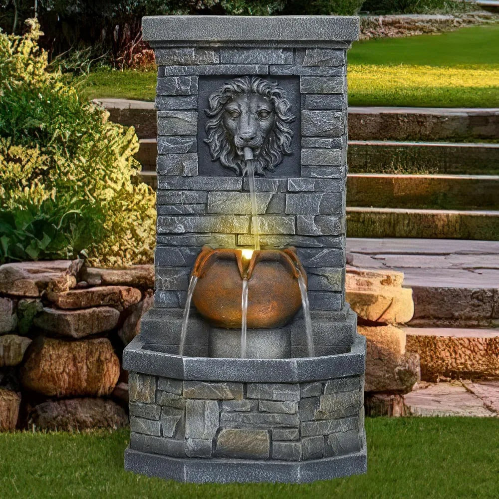 Outdoor Lion Head Stone Water Fountain With Lights Patio
