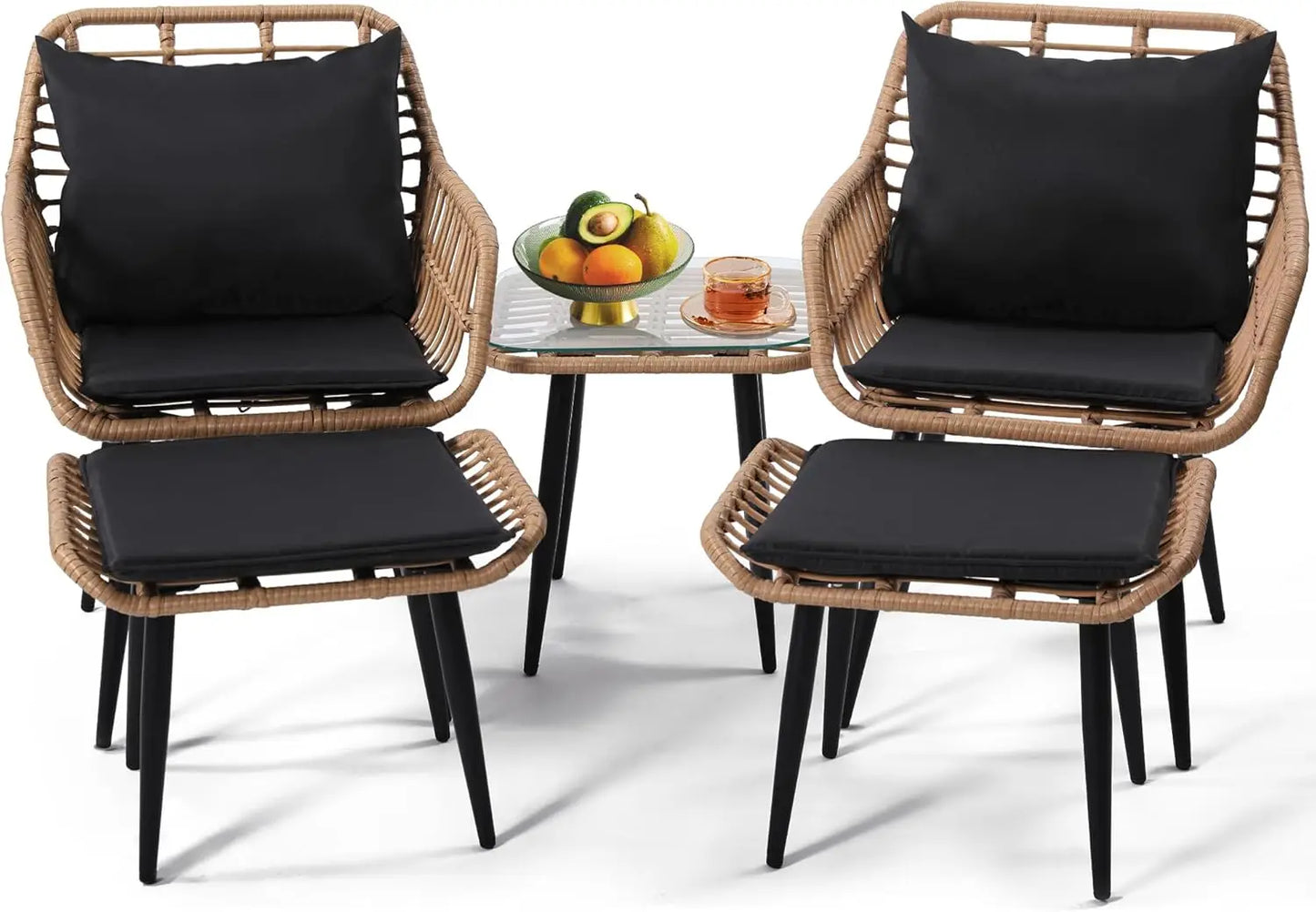 5 Piece Wicker Bistro Patio Set 2 Chairs 2 Ottomans Natural