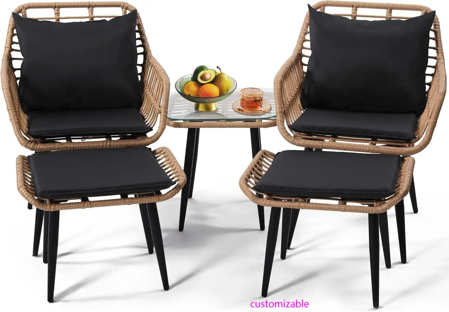 5 Piece Wicker Bistro Patio Set 2 Chairs 2 Ottomans Natural