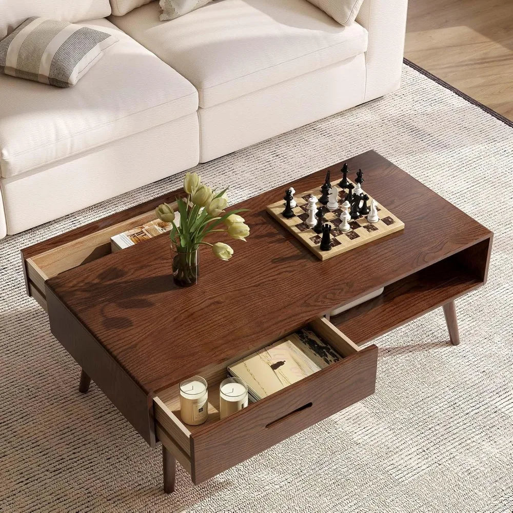 100% Solid Wood Coffee Table with Storage Space 39.37 Inch Wide Coffee Table with 2 Drawers