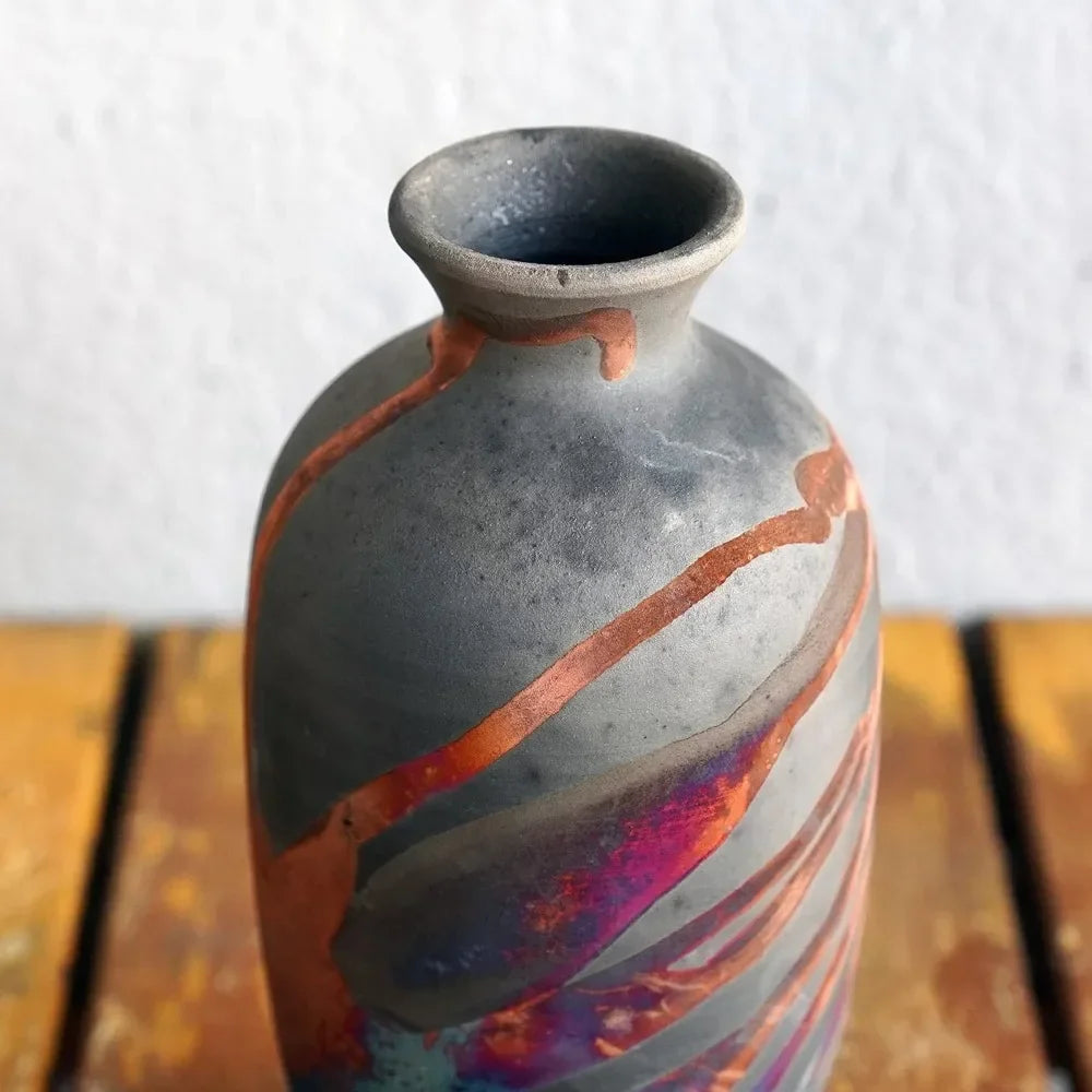 7 Inch Raku Ceramic Pottery Vase Carbon Half Copper Matte