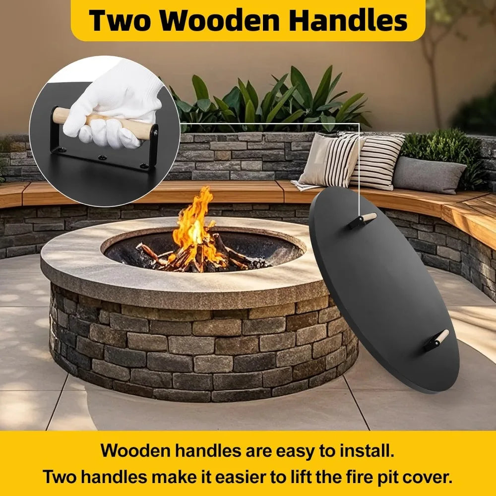 Round Fire Pit Lid 38 Inch Rust Resistant With Wooden Handle